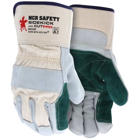 Mcr Safety Gloves, Side Double Leather Palm W/A7 Kevlar L, 12PK 16012KL